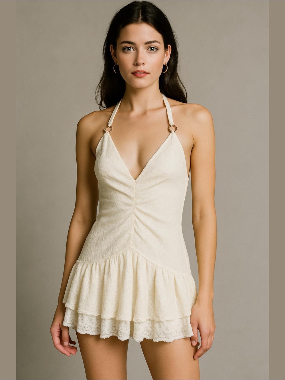Windsor Ivory Halter Ruffled Mini Dress M Babydoll Coquette Lace Y2K Festival